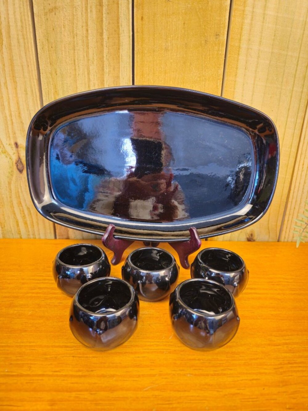 Vintage Black Ceramic Tray & Matching Cups 6-Piece Set Handcrafted